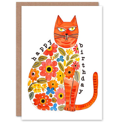 Geburtstagskarte Ingwer Katze Liebhaber Blumen Pelzmantel Tabby Volkskunst