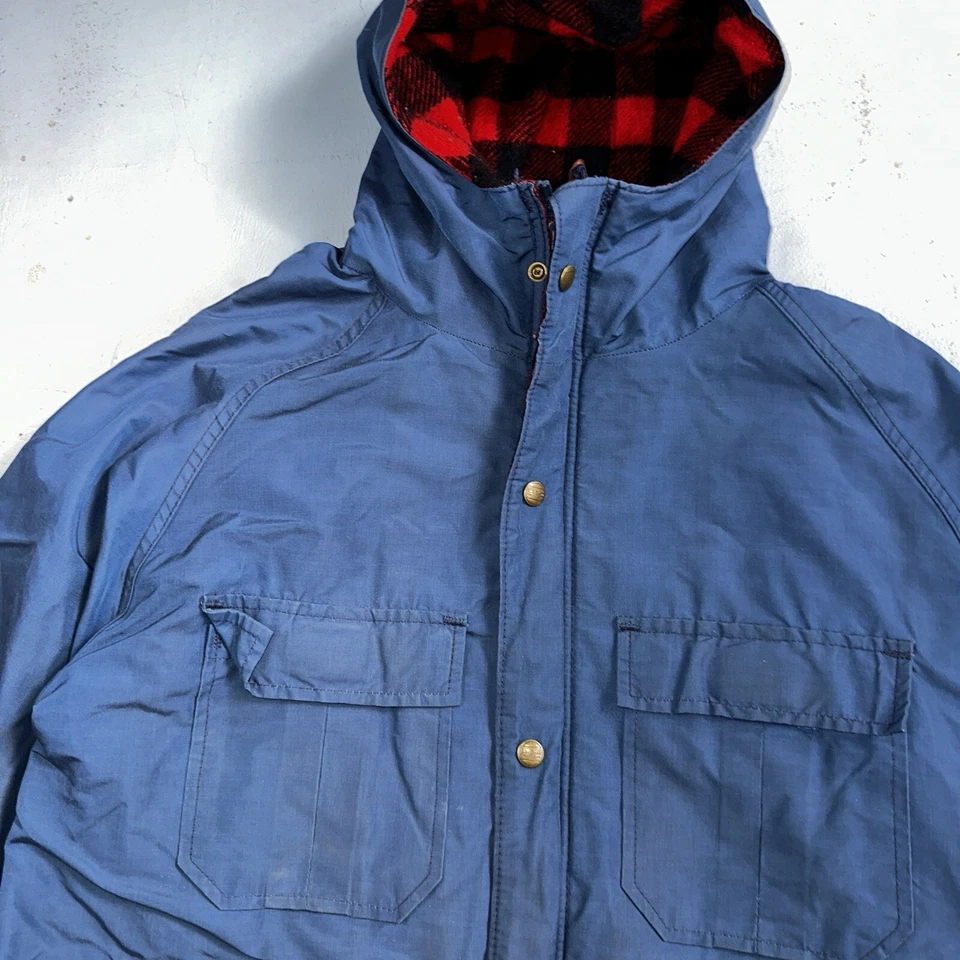 LL Bean Parka VTG Jacket Mens M Baxter State Maine Coat Plaid Lined Blue Wool - Image 3 of 4