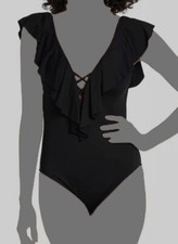  131 La Blanca Women's Black Solid Ruffle Plunge One Piece Swimsuit Size 12
