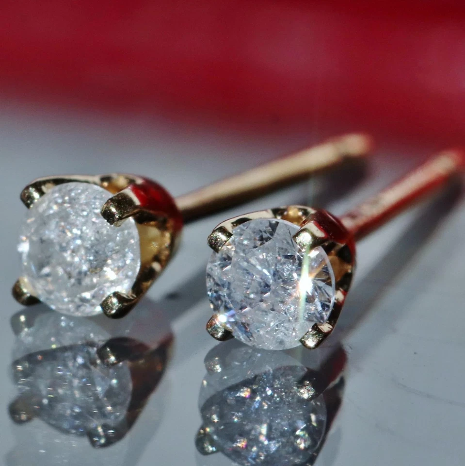 14k yellow gold earrings 0.16ct natural diamond stud vintage 0.3gr - Image 2 of 4