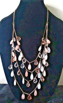 * Vintage Halskette vier Strang Edelstein Kunststoff Perle lang goldfarben baumelnd 1950 - 60er