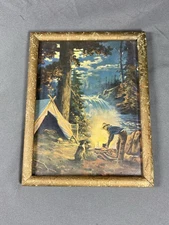 EARLY VINTAGE/ANTIQUE BOY SCOUT FRAMED PRINT, CAMP FIRE CAMPING W/ DOG WATERFALL
