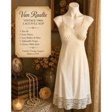 Vintage Van Raalte Ivory Lace Full Slip 1960s Nylon Nightgown Lingerie 34