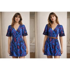 Sézane Lohla Dress Atlantic Blue Floral Cotton Linen Mini EU 36