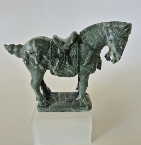 Vintage Chinese Carved Solid Jade Tang Saddled Horse Figurine