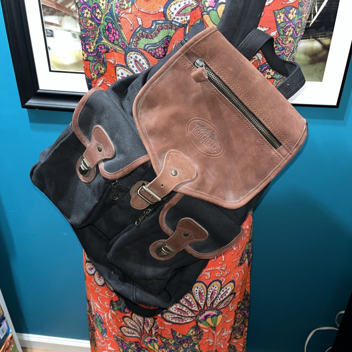HIGH SIERRA Tan Canvas and Brown Leather Backpack Rucksack Hiking Vintage High Sierra Backpack Canvas & Leather Black And  main image 3