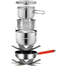 Camping Cookware Set 304 Stainless Steel Cooking Pots Pan Set with Travel Tote