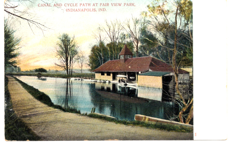 CANAL AND CYCLE PATH AT FAIR VIEW PARK, INDIANAPOLIS, IND. IN. BOAT HOUSE.