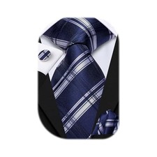 Mens Plaid Ties Classic Paisley Necktie with Handkerchief Plaid Jeans Blue