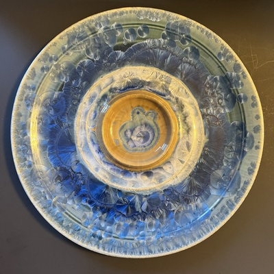#ad Bill Campbell Art Pottery Flambeaux Crystalline Glaze 13quot; Bread Oil Dip Platter $99.00