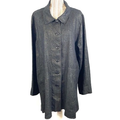 FLAX Black Gold Linen Button Front Swing Coat Jacket Lagenlook Size Large