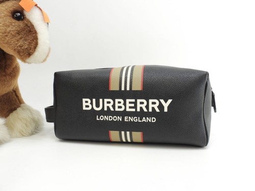 Burberry Stripe Logo Leather Clutch Bag Beige Black Wristlet from japan