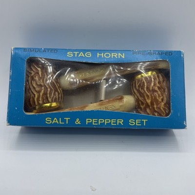 Vintage Simulated Stag Horn Pipe Shaped Salt & Pepper Shaker Set w/ Box Kentucky