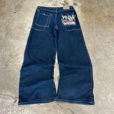 Y2K Baggy Embroidered Welsh Gothic Skater Jeans Wide Leg Grunge Mens 34x32