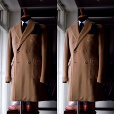 Khaki Men Long Overcoat Cashmere Wool Peak Lapel Formal Winter Outwear Long Coat