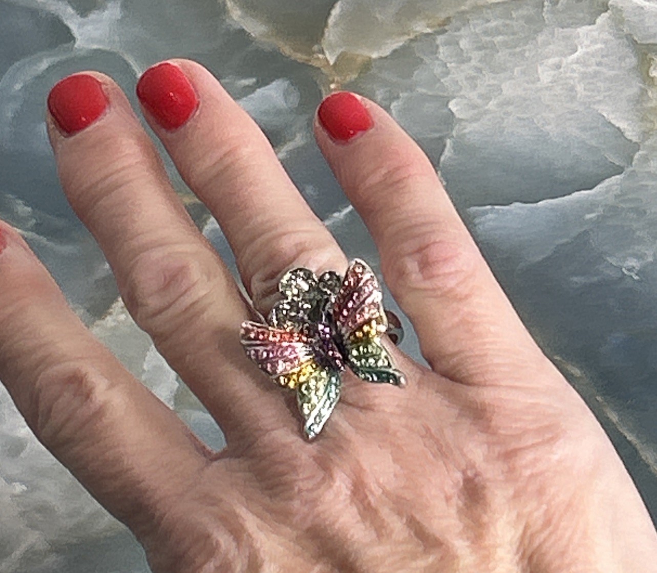 Vintage Silver Tone Statement Ring Butterfly Rain… - image 17