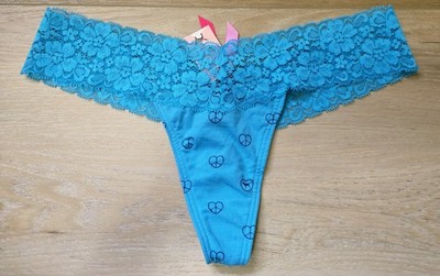 NWT Vintage Victoria's Secret PINK Blue Cotton Lace Waist Low Thong Panties S