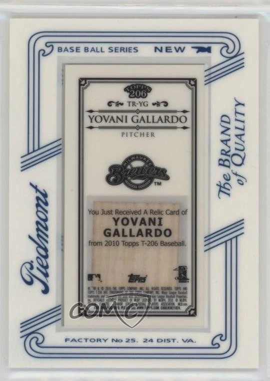 2010 Topps 206 Relics Mini Piedmont Framed Yovani Gallardo #TR-YG - Image 2 of 2
