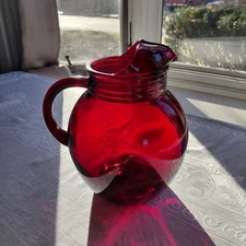 Vintage Anchor Hocking Fire King Royal Ruby Red Glass Pitcher-9”H by 8”W