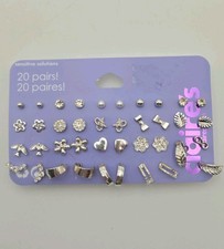Claire  s Silver Tone Stud Earrings Lot 20 Pairs Hearts Flowers Stars CZ Pearl