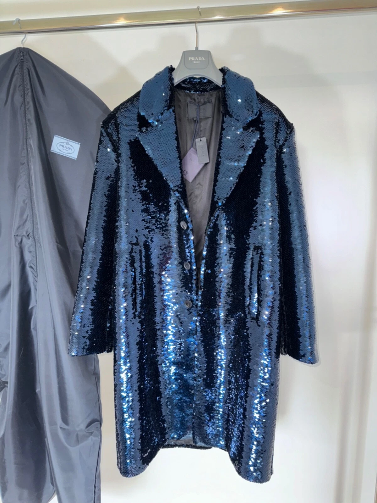 Cappotto uomo Prada 8200€ nuovo con etichette paillettes cappuccio paillettes taglia 48 (M) blu navy