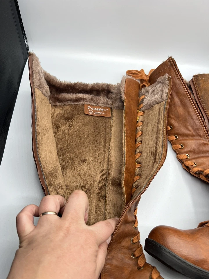 Reneeze Boots Tall Womens 7 Wedge Heel Joyce Lace Up 38 ONE ZIPPER MISSING - Image 3 of 4