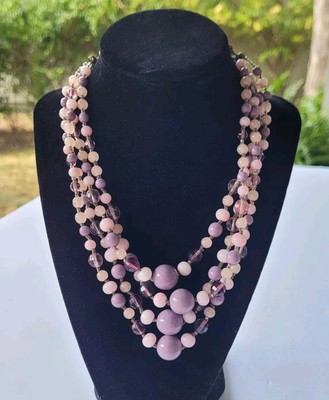 Vtg Miriam Haskell Pink & Purple Multi-Strand 16'' Necklace Baroque Flower Back