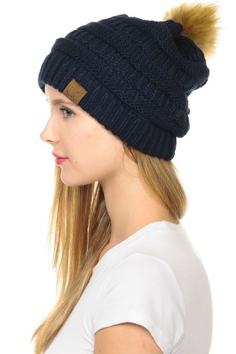 C.C Hat-43 Thick Warm Cap Hat Skully Faux Fur Pom Pom Cable Knit Beanie - Picture 125 of 166