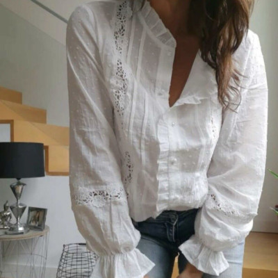 M New White Lace Long Sleeve Edwardian Boho Blouse Top Shirt Womens Size MEDIUM