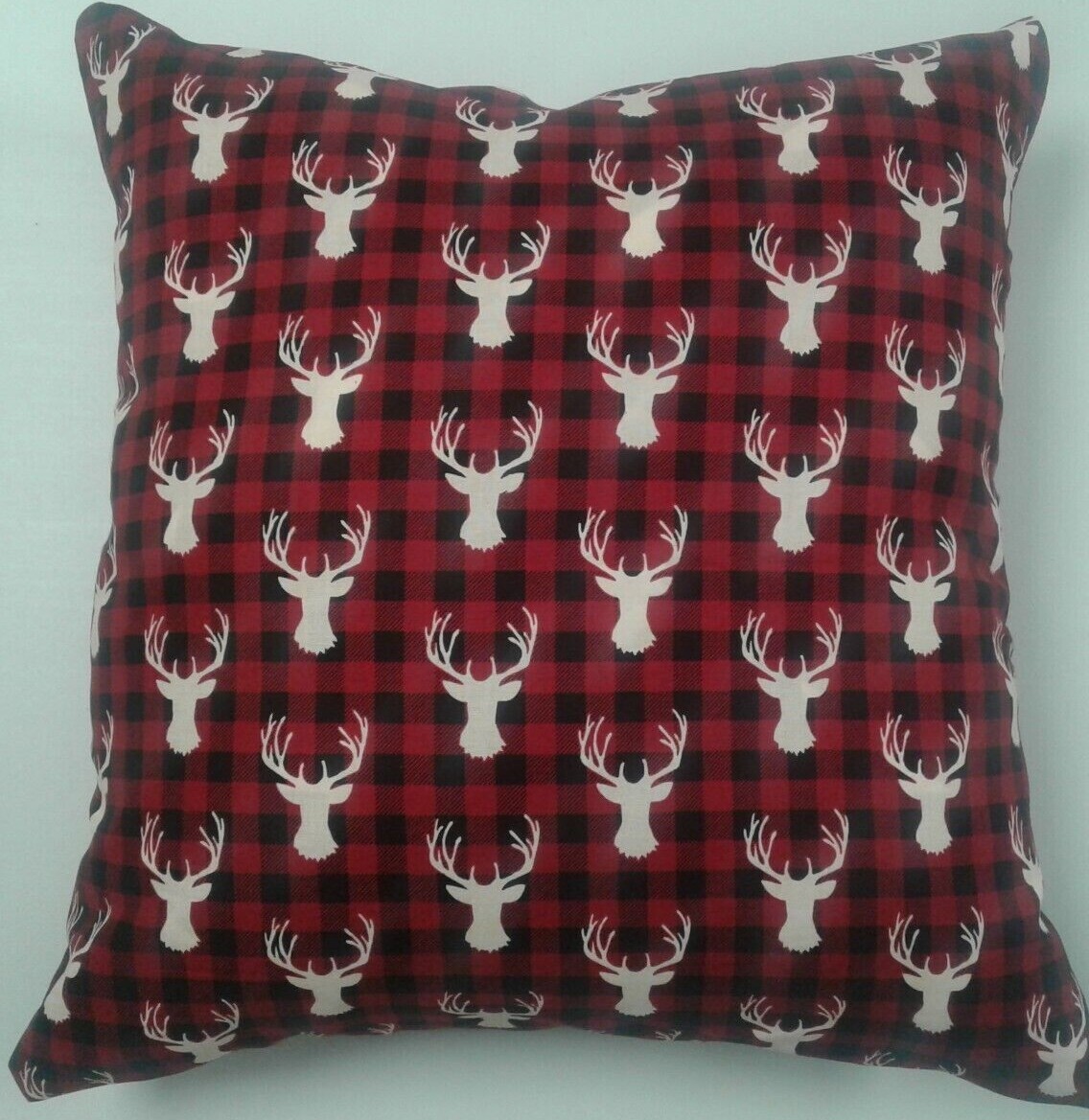 Throw Pillow Cover, Christmas, Red, Black Checked, Moose Heads, 15 in x 15 in-image