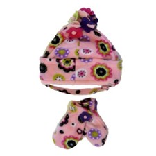 ABG Infant  Toddler Girls Pink Fleece Floral Trapper Hat  Mittens Set 2T-4T