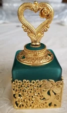 Gorgeous Dark Green Perfume Bottle W/Heart Shaped Gold Tone Dobber & Love Trim 