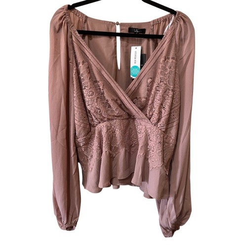 Lulus Loving Arms Taupe Lace Long Sleeve Peplum Top XL - Picture 3 of 6