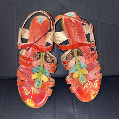 Laura Vita France Womens Leather Slip On Sandals Flowers - size 39 is 8.5 red