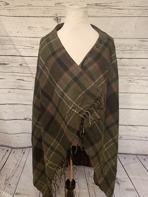 Womens Worthington Green Plaid Cape Sz 10 Tall Holiday Fringe Wrap Button Shawl