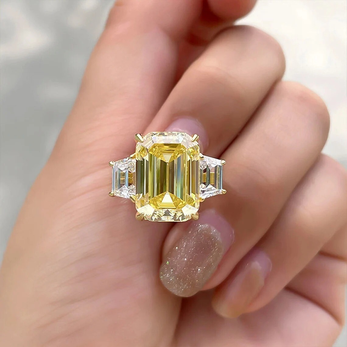 Emerald Cut Yellow Diamond Three-Stone Wedding Ring 14K