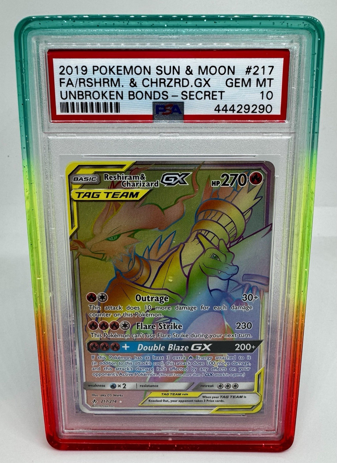 Pokemon Reshiram & Charizard GX 217/214 Secret Rainbow Unbroken Bonds PSA 10