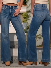 Autumn dark blue high waist wide leg women's jeans stretch denim fabric button p