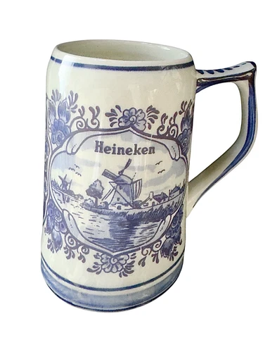 Heineken Beer Mug Stein 5 1/4" Hand Painted Delft Blue Delftsche Huys Holland 