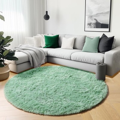 ROUND RUG for Kids Room Bedroom Fluffy Circle Faux Fur Sage Green 6ft ONASAR