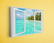 Tropical Beach Canvas Print, 3D Look Open Window Ocean View Wall Art