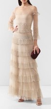 VALENTINO (Altered) Beaded Tiered Tulle Gown In Beige SZ 40 - AUTHENTIC!!