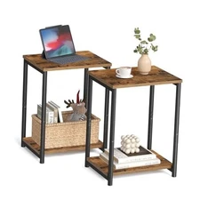  Side Tables Set of Small End Table, Nightstand for 2 Rustic Brown + Black