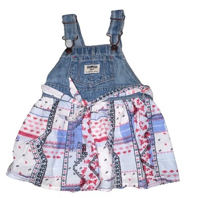 OshKosh B'gosh Denim Overall Dress Geometric Blue White Sleeveless 9M Cotton