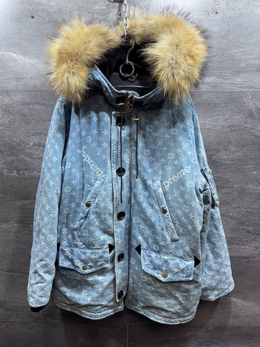 Louis Vuitton x Supreme Jacquard Denim N-3B Parka Blue Mens Size L
