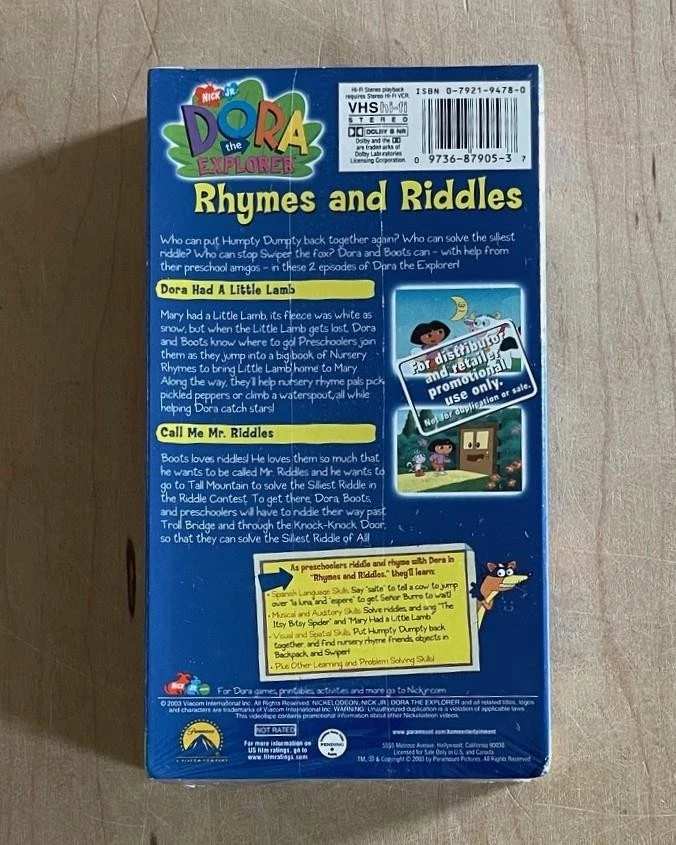 Nick Jr DORA THE EXPLORER Rhymes and Riddles (2003) Sealed VHS Promo Screener - Image 3 of 4