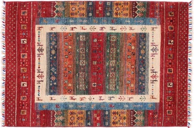Afghan Ziegler Khorjin Teppich 100x150 Handgeknüpft Rot Streifen Orient e - Bild 1 von 4