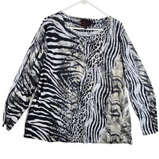 French Blue Woman 3X Animal Print Top Zebra Leopard Long Sleeve Made in USA