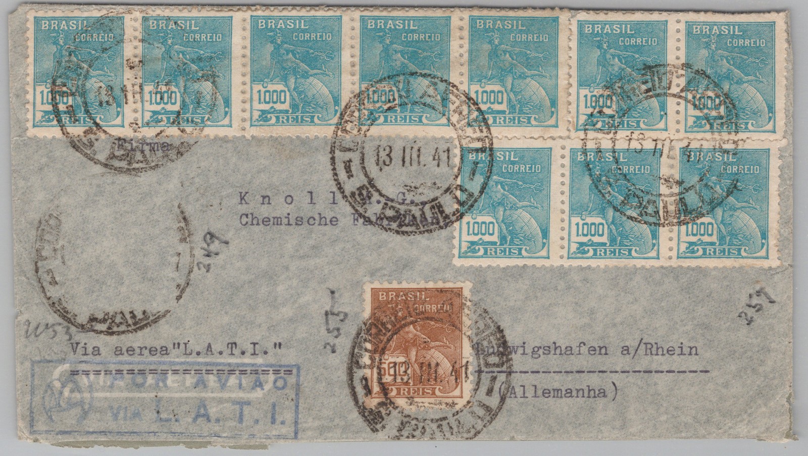 Brazil to Germany 1941 Airmail via LATI – Wehrmacht Censorship, High Franking