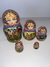 Matryoshka Nesting Doll - Signed Rare Folk Art 5 Pce Russian Images Tell A Story